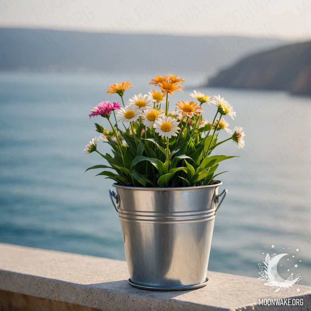 Minimalistic Flowers in a Bucket by the Sea A small bucket holding minimalistic flowers against a bokeh sea background.