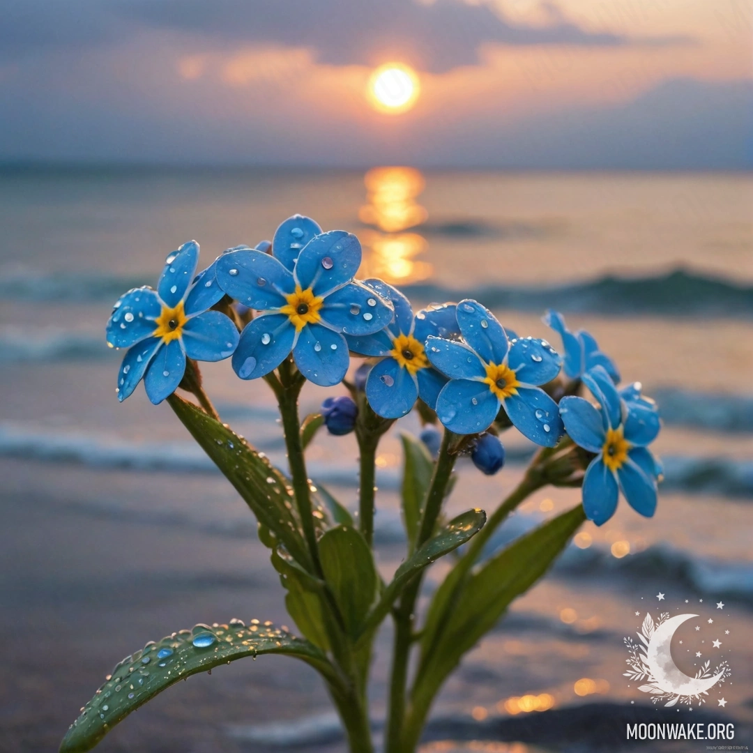 Minimalistic Forget-Me-Nots Under Rain at Sunset A digital painting of blue forget-me-nots gently swaying under the rain during sunset, adorned with rhinestones, evoking the colors of a serene sea wave.