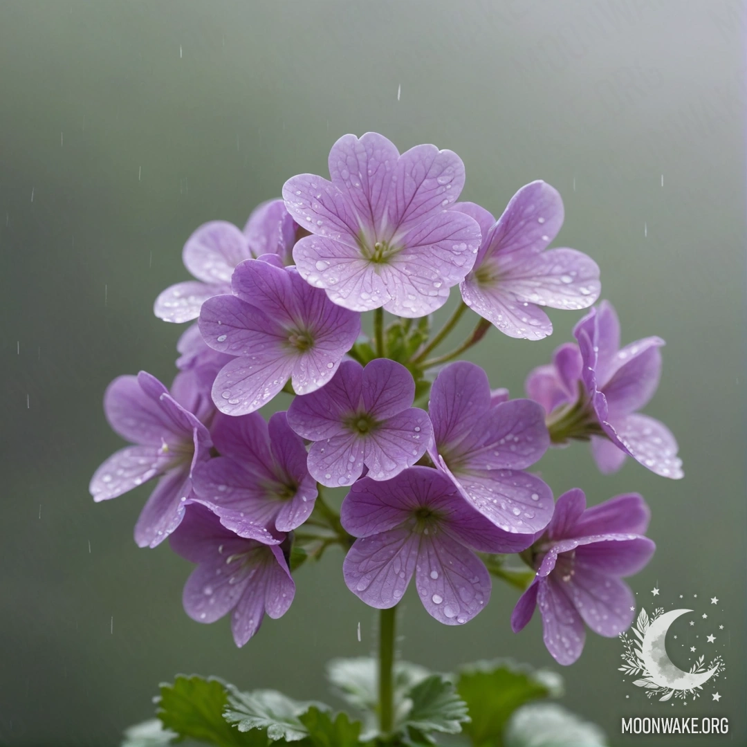 A bouquet of lavender-colored geraniums in misty rain.