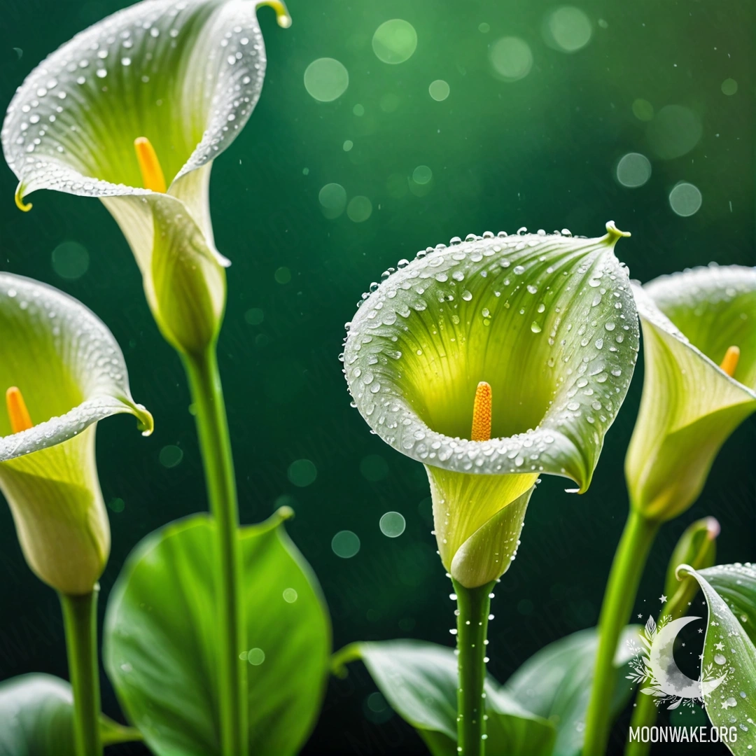 Minimalistic Green Calla Lilies with Dew Drops A minimalistic arrangement of green calla lilies adorned with dew drops and a hint of glitter.