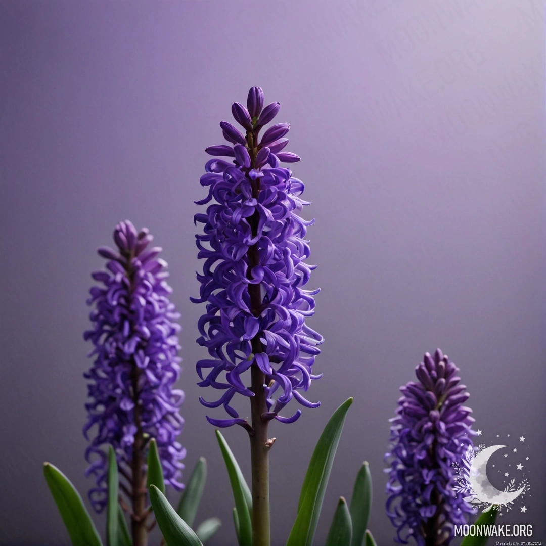 A purple hyacinth gracefully emerging from a misty background at night.