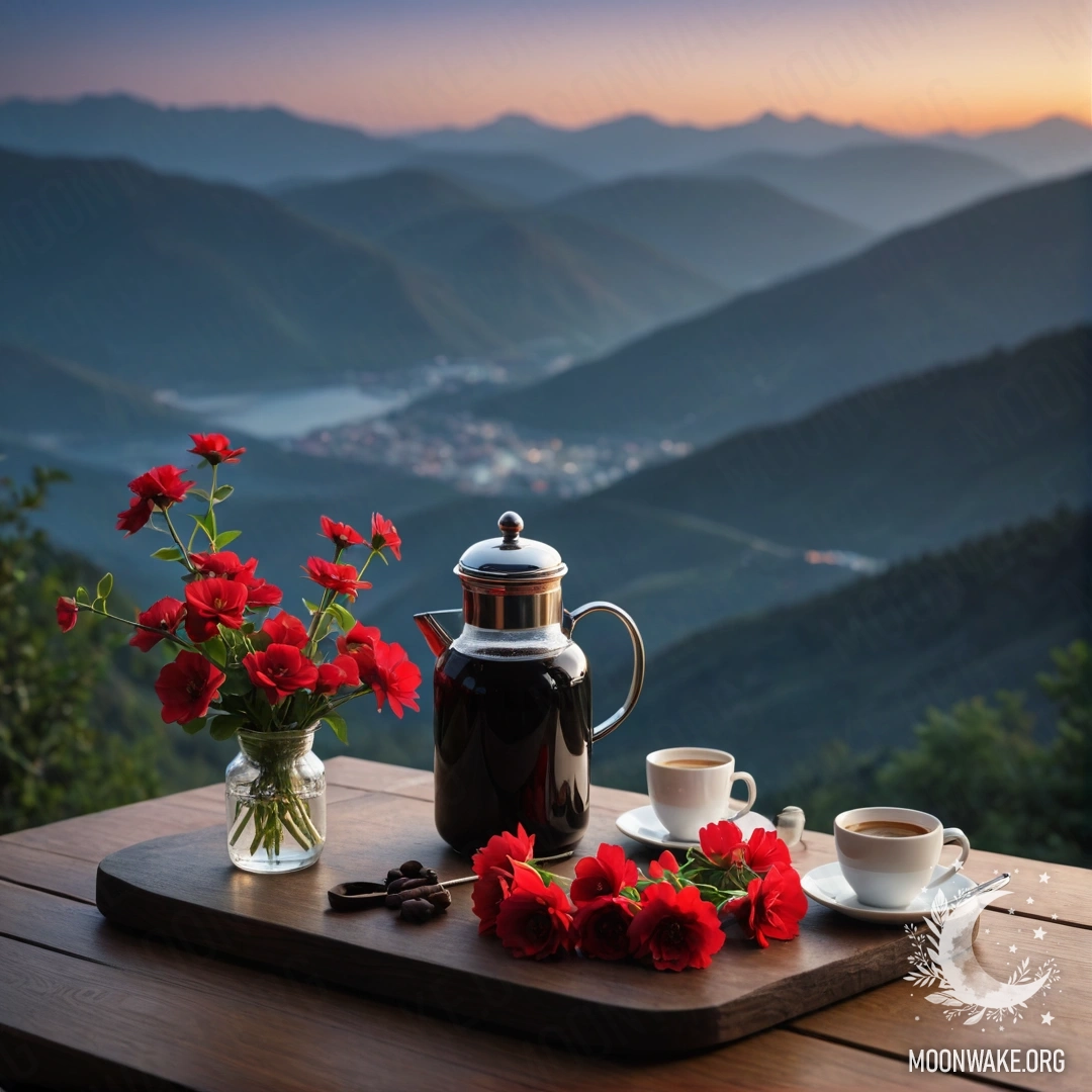 A wooden table with red flowers, a coffee pot and cups in front of mountains at night.