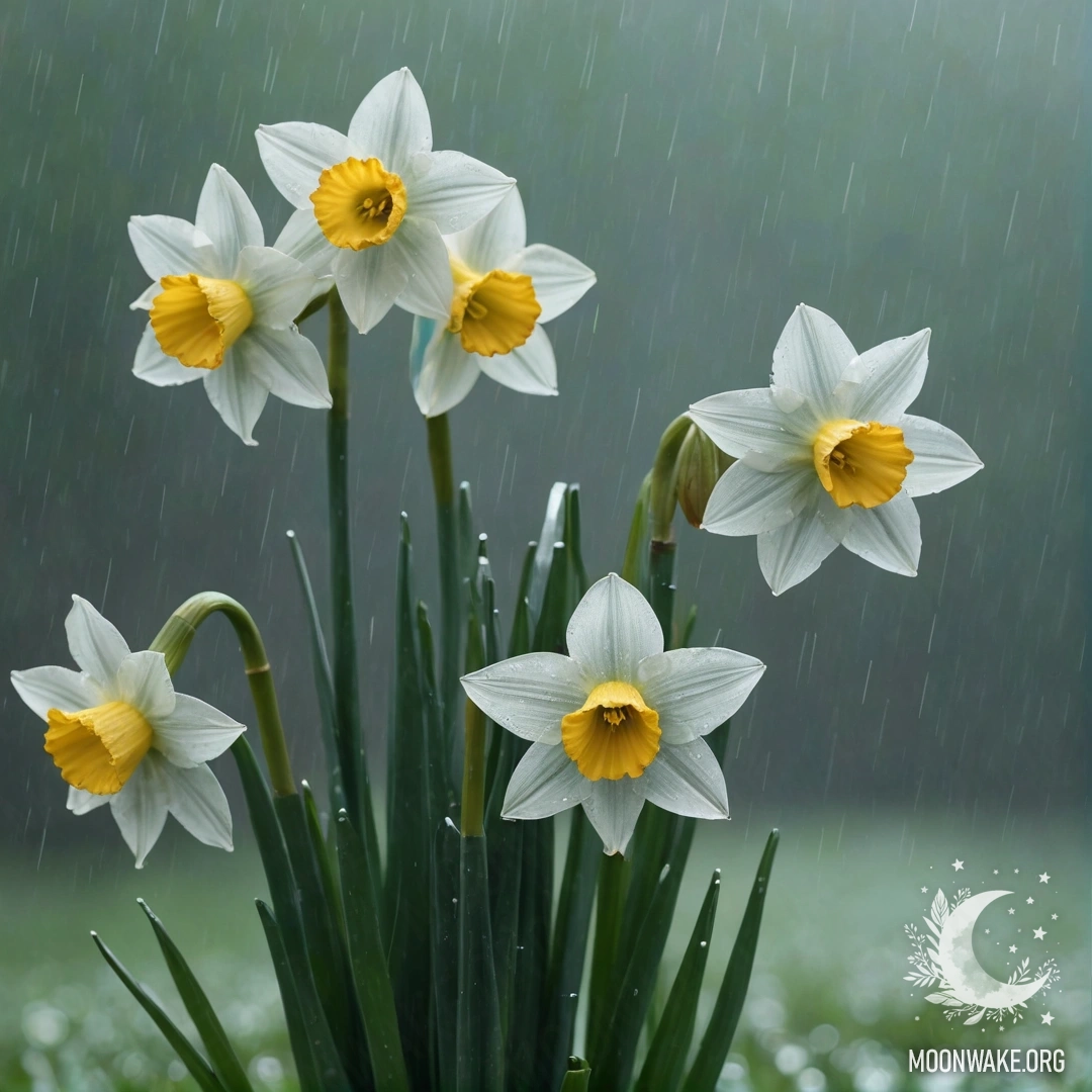 Minimalistic Narcissus in the Mist A delicate bouquet of greenish-blue narcissus flowers in misty rain.