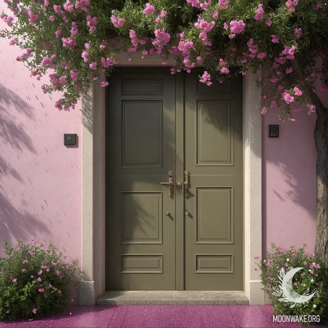 A minimalistic olive door with a tree adorned with pink flowers above, drenched in rain.