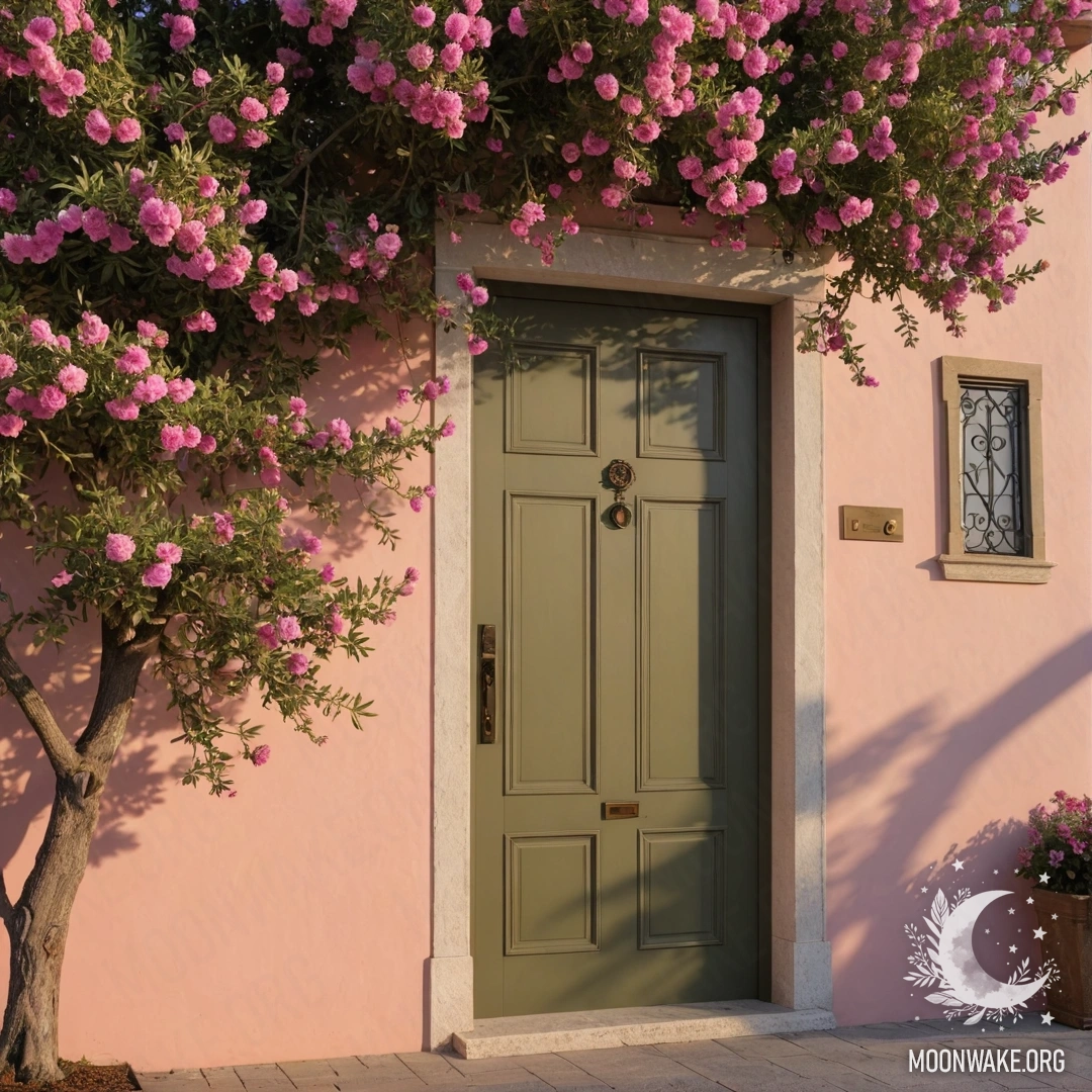A minimalistic olive door with a tree full of pink flowers above it during sunset.