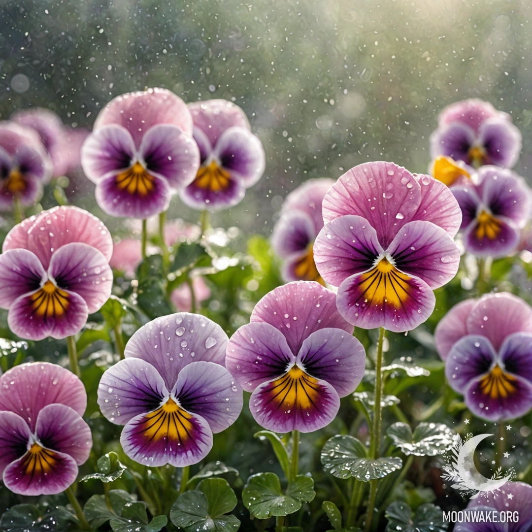 A watercolor painting of pink pansies in mist under rain with sunny rays.