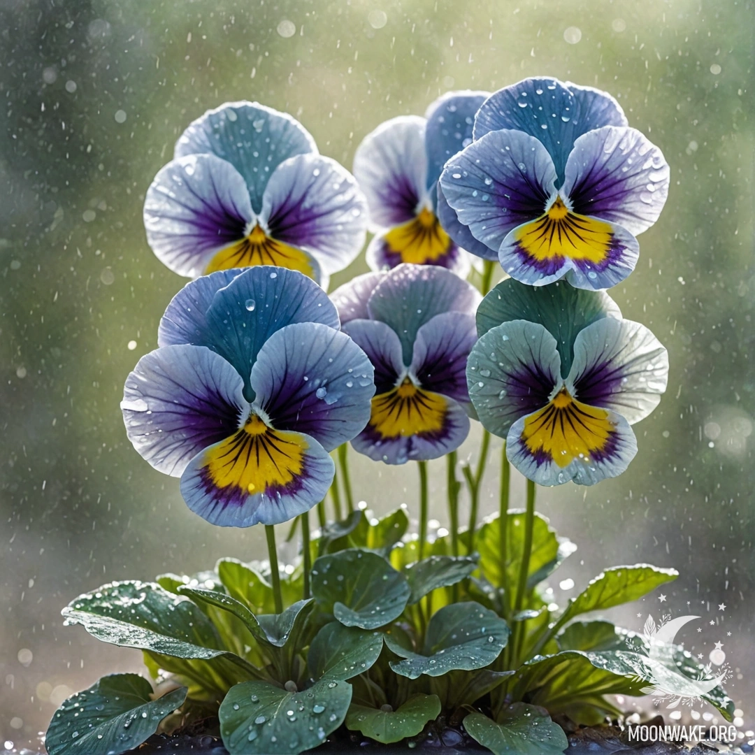 Minimalistic Pansies in the Mist A watercolor painting of greenish-blue pansies in the mist under rain, illuminated by sunny rays and adorned with sequins.