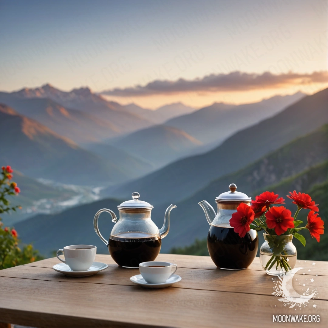 A peaceful scene depicting a wooden table with a jar of red flowers, a coffee pot, and cups against a mountain backdrop during sunset.