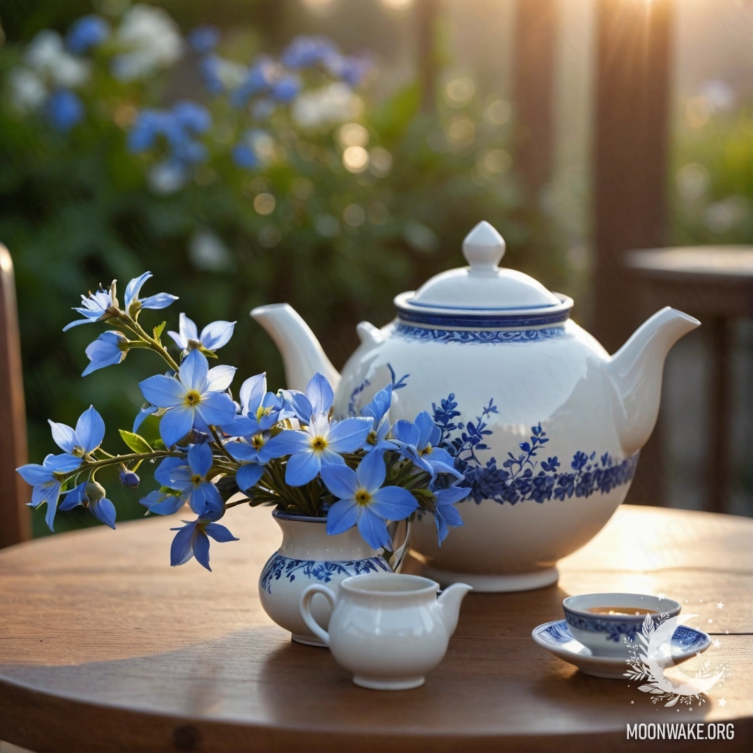 Minimalistic Table Setting with Porcelain Cups A round straw napkin with white porcelain cups and a white vase containing clover, illuminated by sun rays.