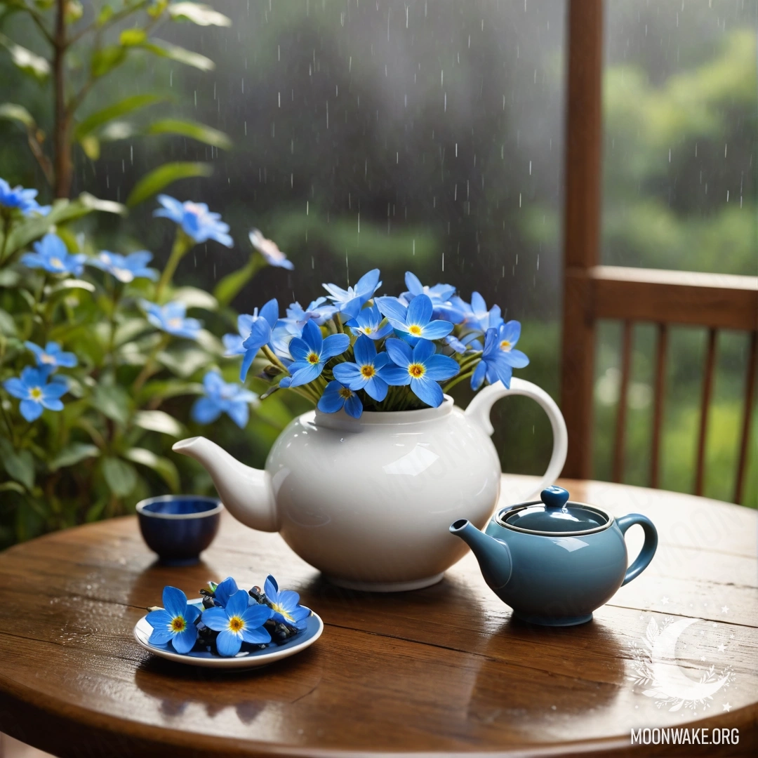 Minimalistic Teapot with Blue Flowers A round wooden table with a porcelain teapot containing blue flowers under rain.