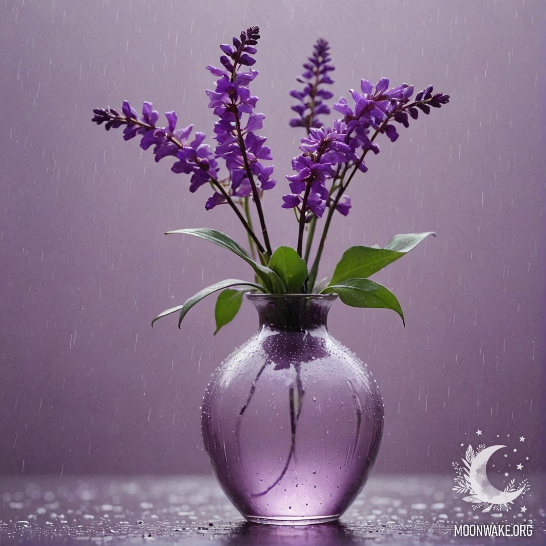 A pink vase holding violet flowers surrounded by mist and rain.