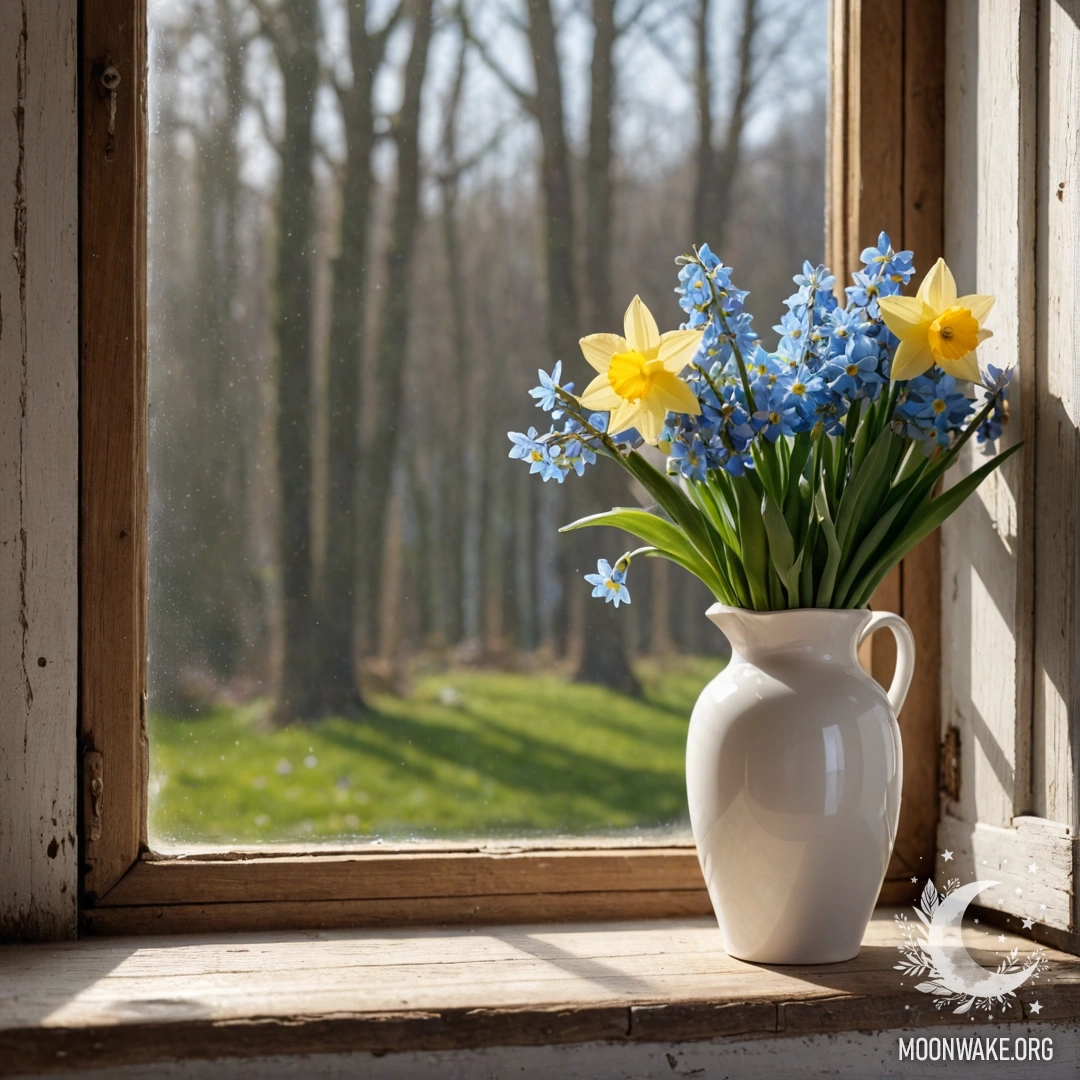 A shabby wooden window sill adorned with a white porcelain vase containing daffodils and forget-me-nots, illuminated by fairy lights.