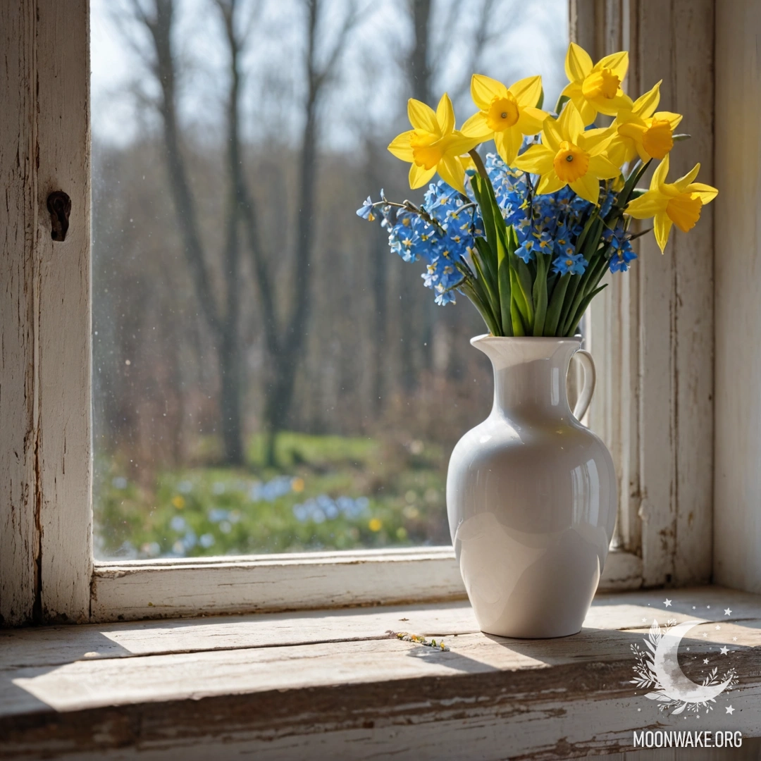 A close-up of an old wooden window sill with a white porcelain vase containing daffodils and forget-me-nots.