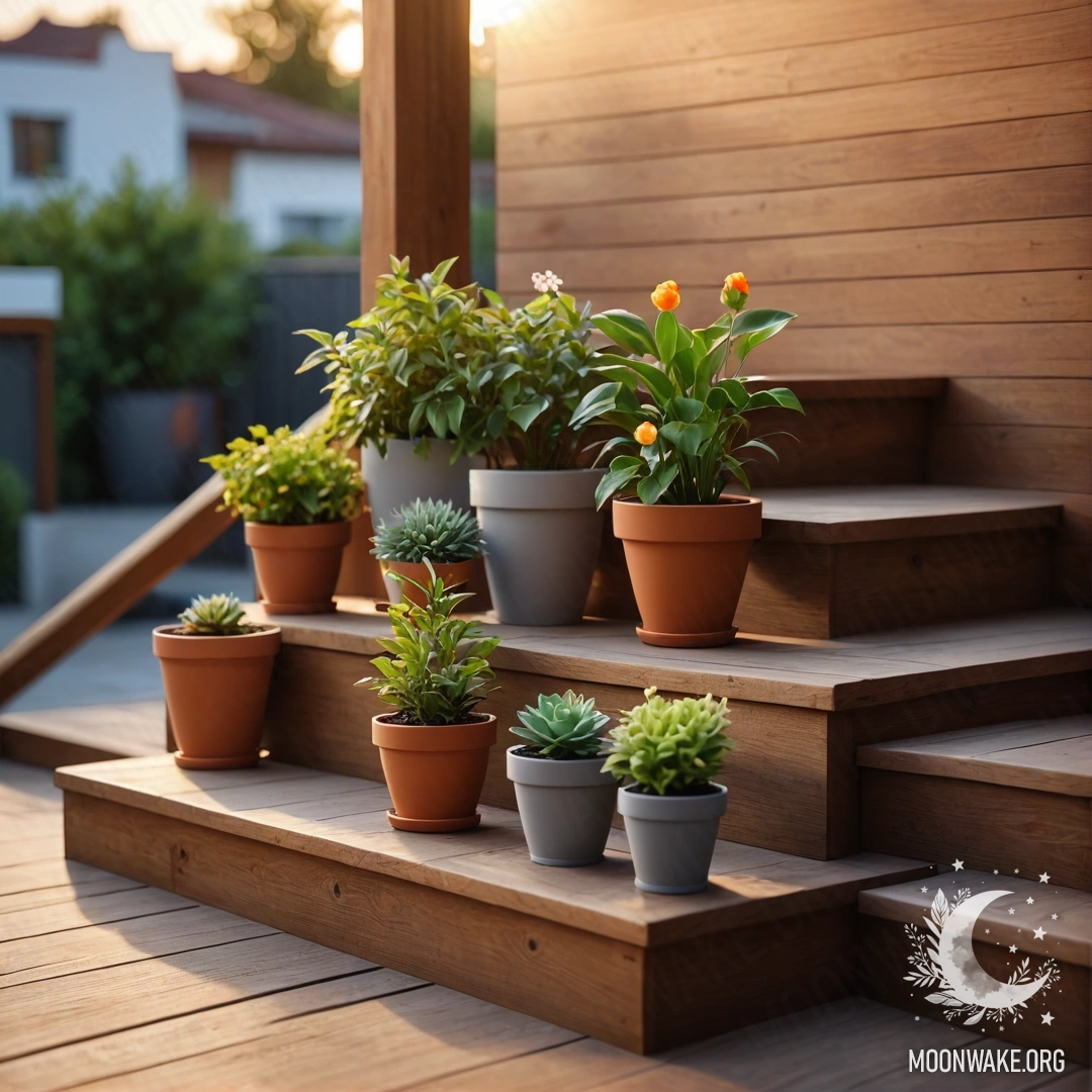 A wooden staircase with flowerpots, illuminated by sunset light.