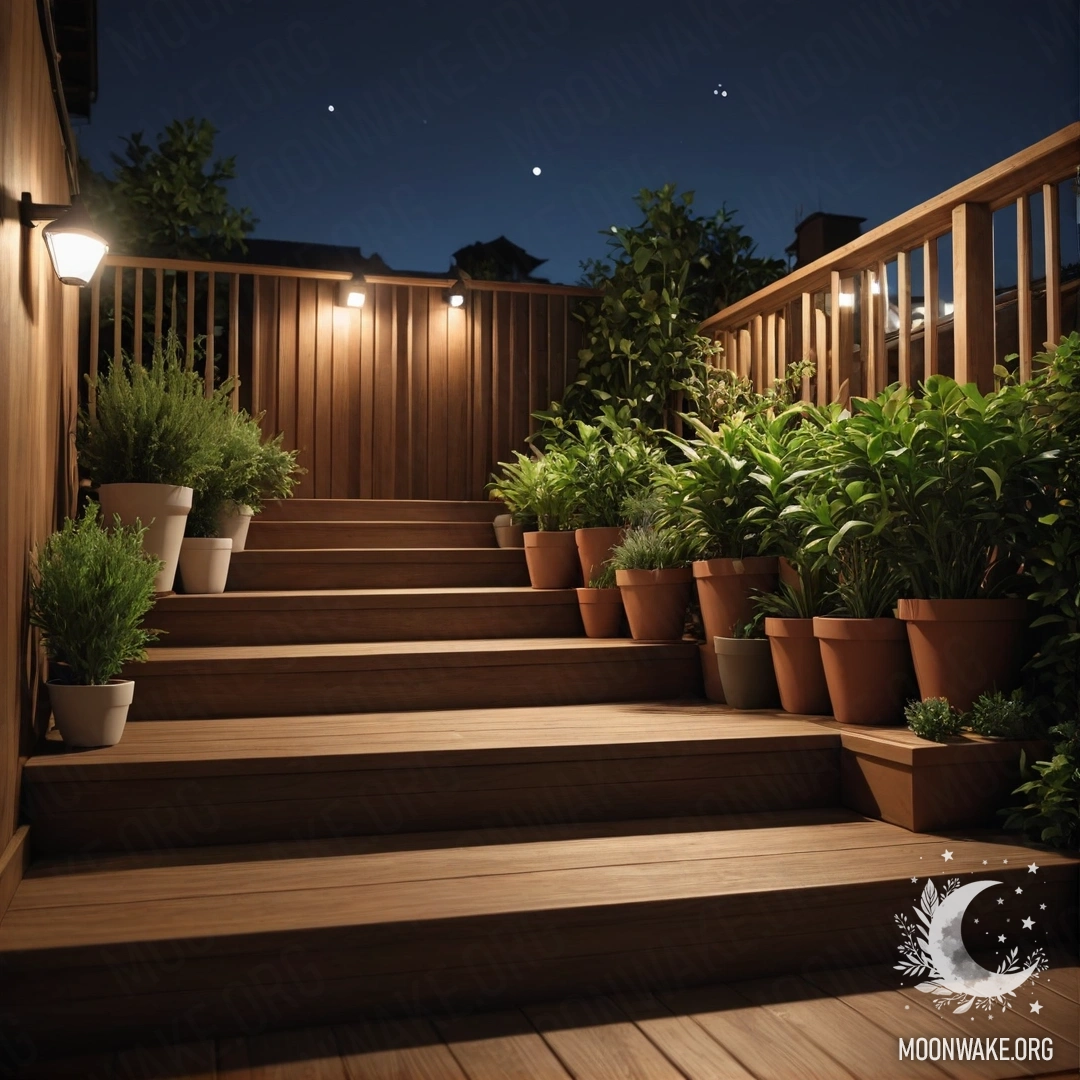 Minimalistic Wooden Staircase with Flowerpots at Night A wooden staircase at night adorned with flowerpots.