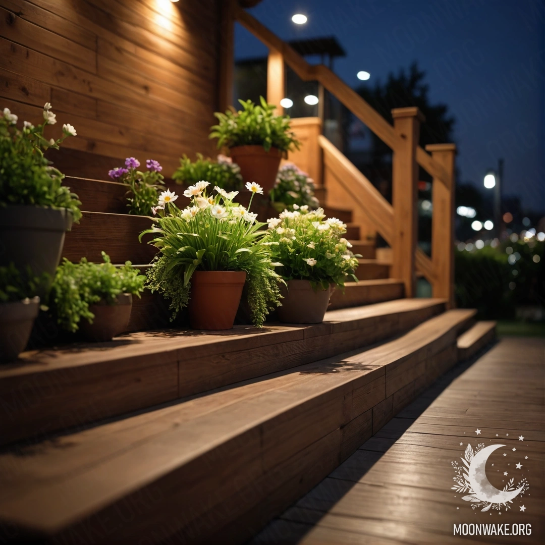 A wooden staircase adorned with flowerpots in a nighttime setting.