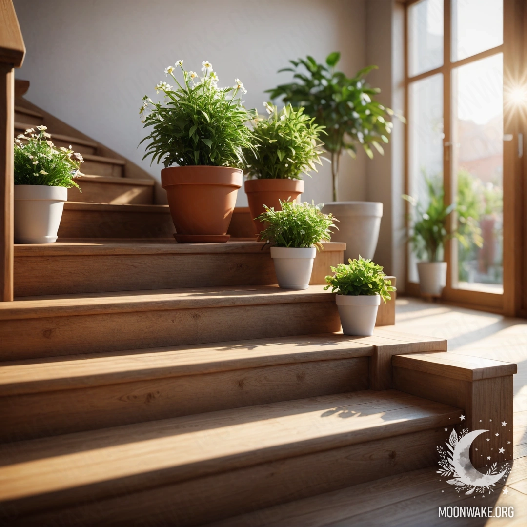 A sunlight-drenched wooden staircase adorned with flowerpots