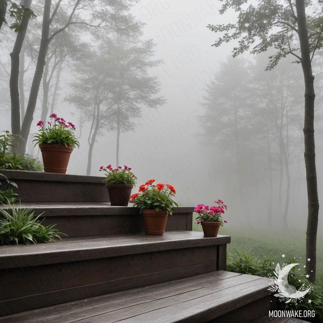 A wooden staircase adorned with flowerpots surrounded by dense fog.