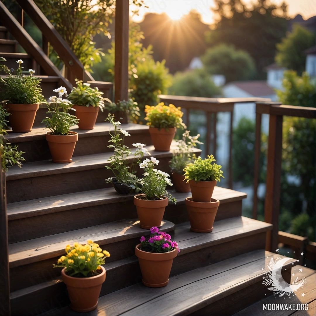 A wooden staircase adorned with flowerpots under a sunset.