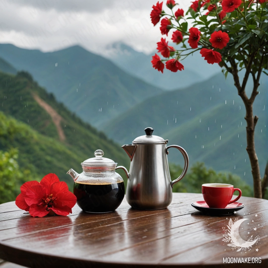A wooden table in front of mountains, adorned with a jar of red flowers and coffee set, under rain.