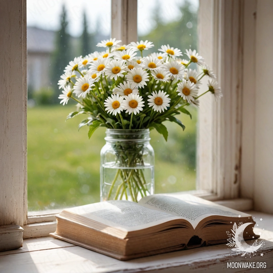 A shabby wooden windowsill with a jar of daisies and an open book next to warm garland lights