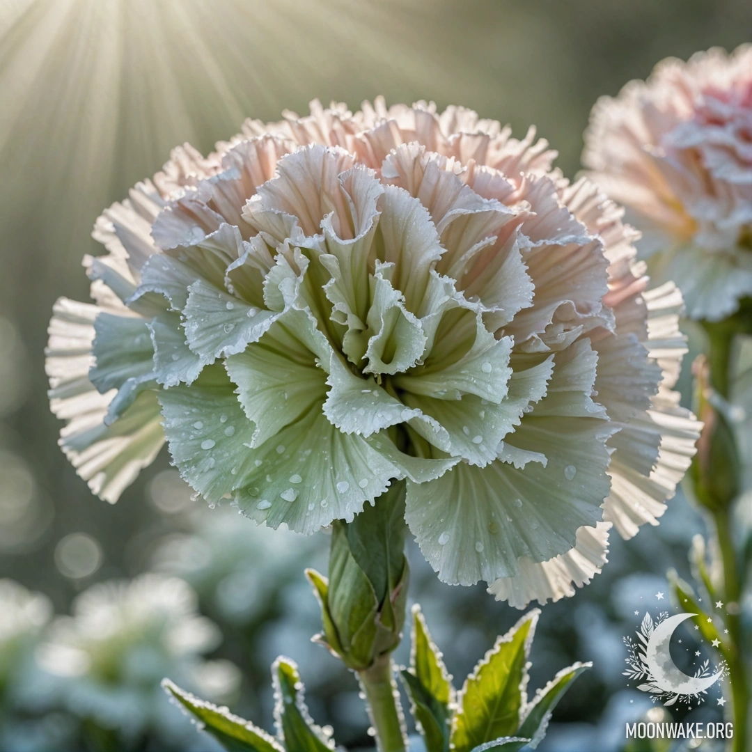 A serene arrangement of mint-colored carnations covered in frost, illuminated by gentle sunlight.