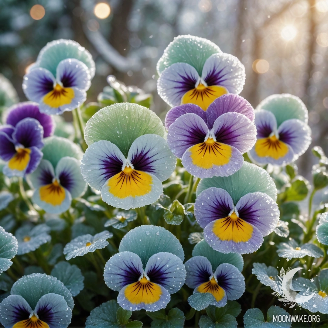 Mint Color Pansies in Frost A serene image of mint-colored pansies covered in frost and glitter.