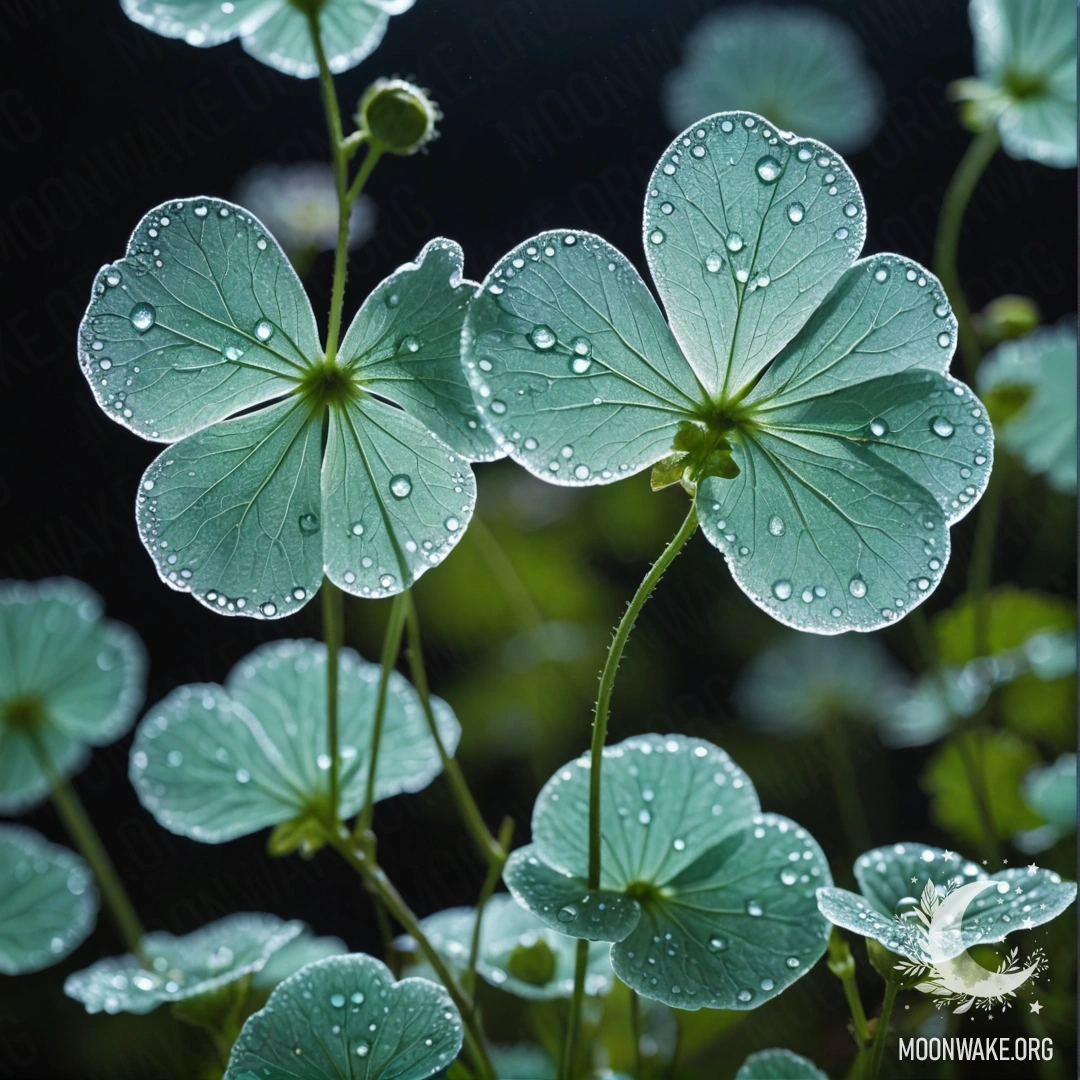 A delicate scene featuring mint-colored lunaria in a misty night setting adorned with rhinestones.