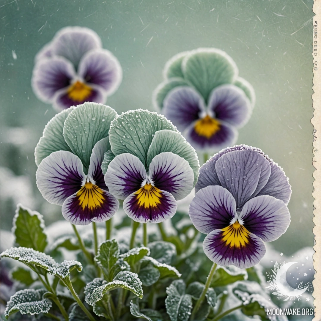 Mint-Colored Pansies in Frosty Serenity A close-up of delicate mint-colored pansies set against a frost background.