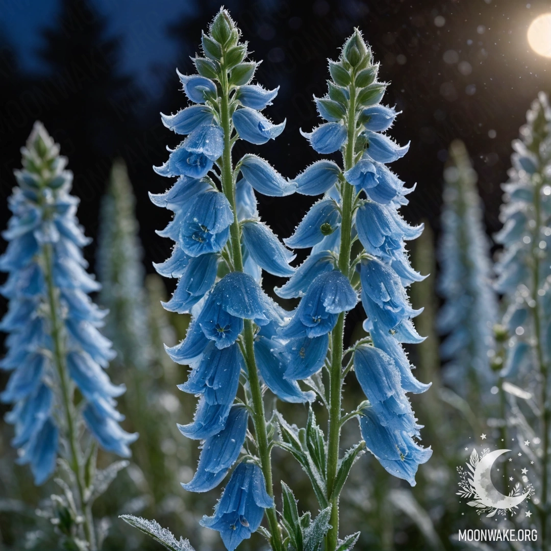 A calm mint-colored delphinium covered in frost at night, sparkling with glitter.