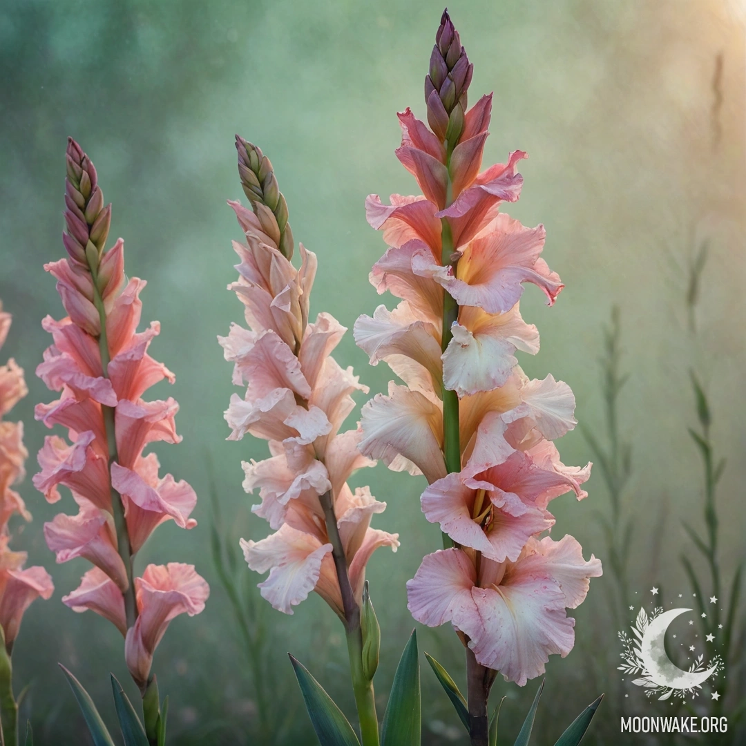 A beautiful mint-colored gladiolus flower emerges through the fog at sunset, shimmering with glitter.