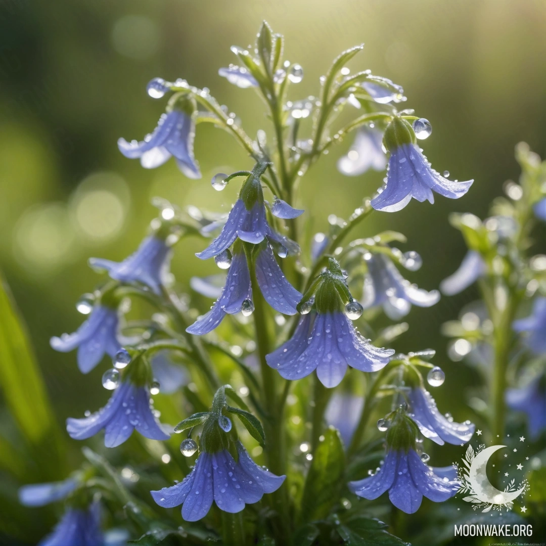 A delicate mint green lobelia adorned with dew drops, illuminated by sunny rays.