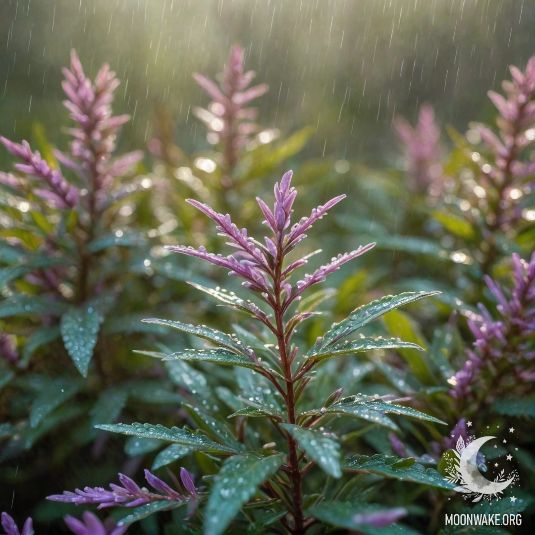Mint Heather Under Rain with Sunlight Patterns A serene scene featuring mint-colored heather under falling rain with rays of sunlight filtering through the clouds.