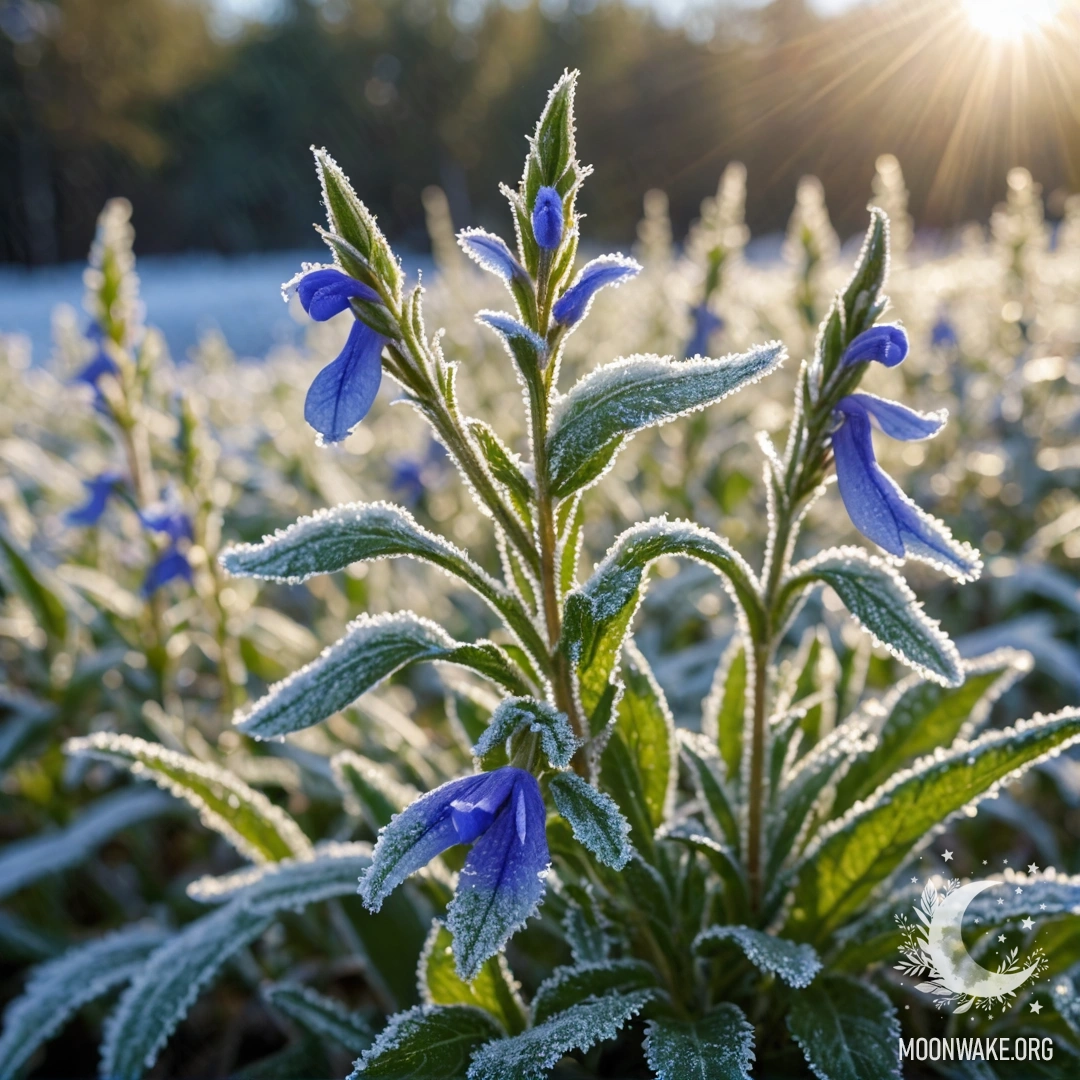 Sweet lobelia flowers surrounded by frost, illuminated by sunlight.
