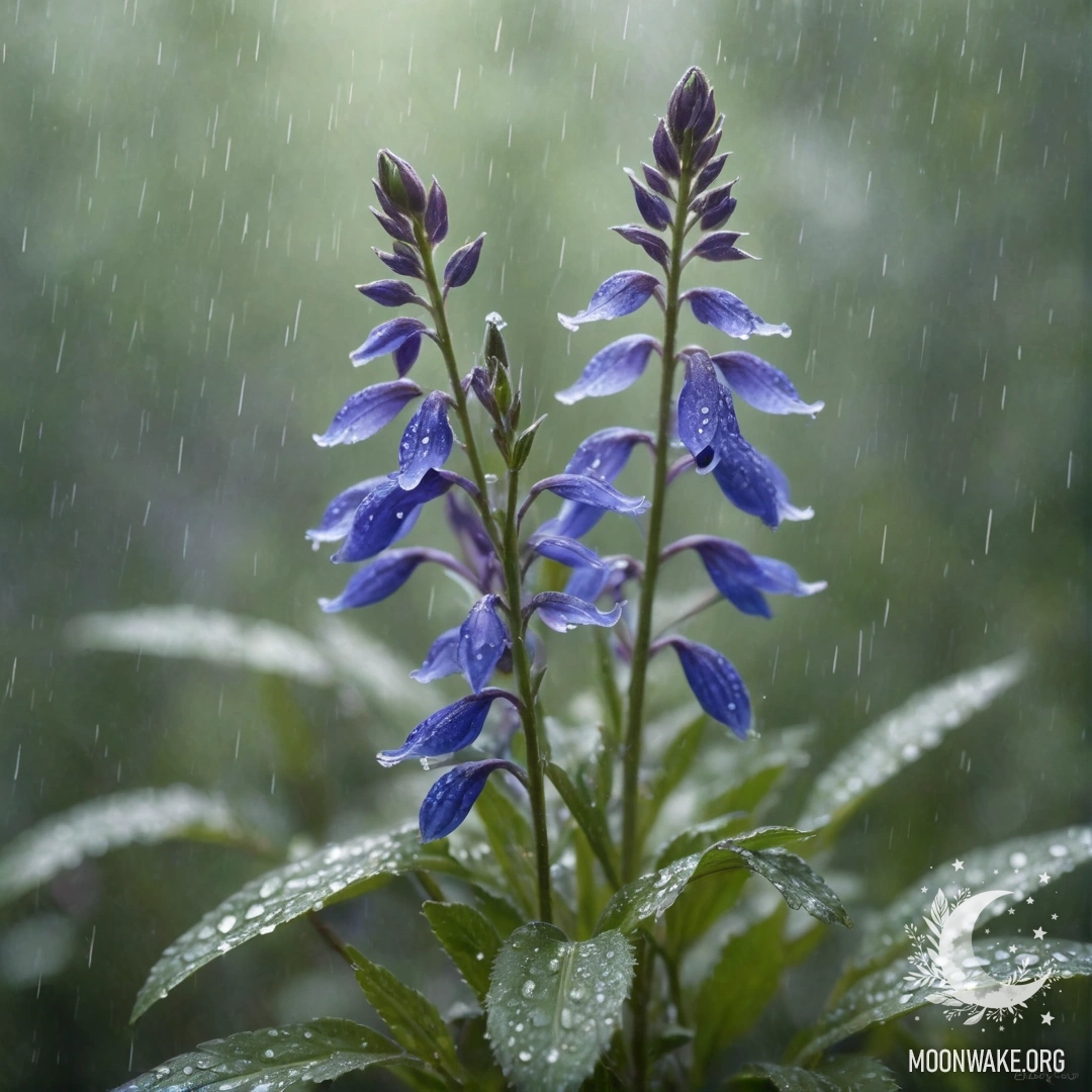 Mint Lobelia in the Misty Rain A delicate mint-colored lobelia surrounded by mist and raindrops, sparkling with sequins.