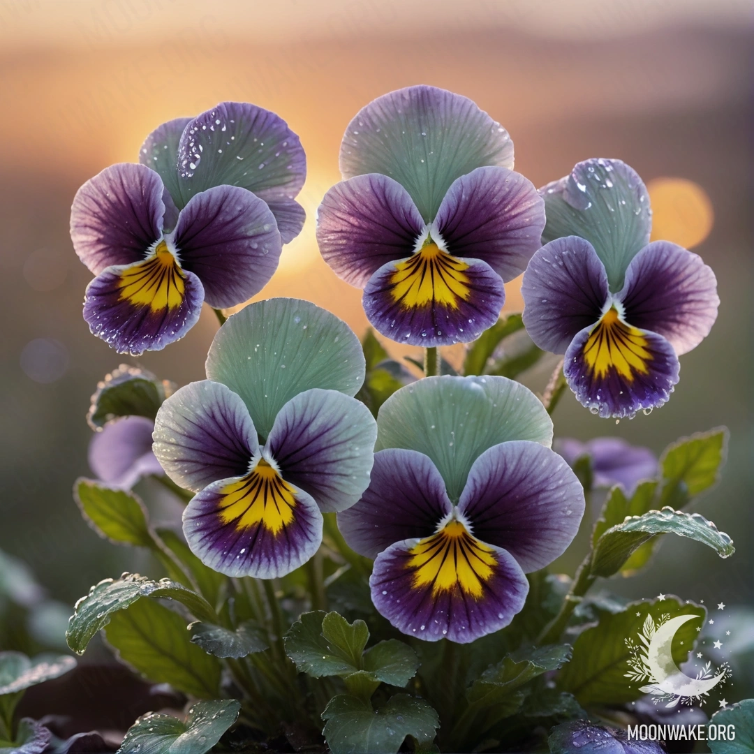 A serene image of mint-colored pansies enveloped in mist during sunset.