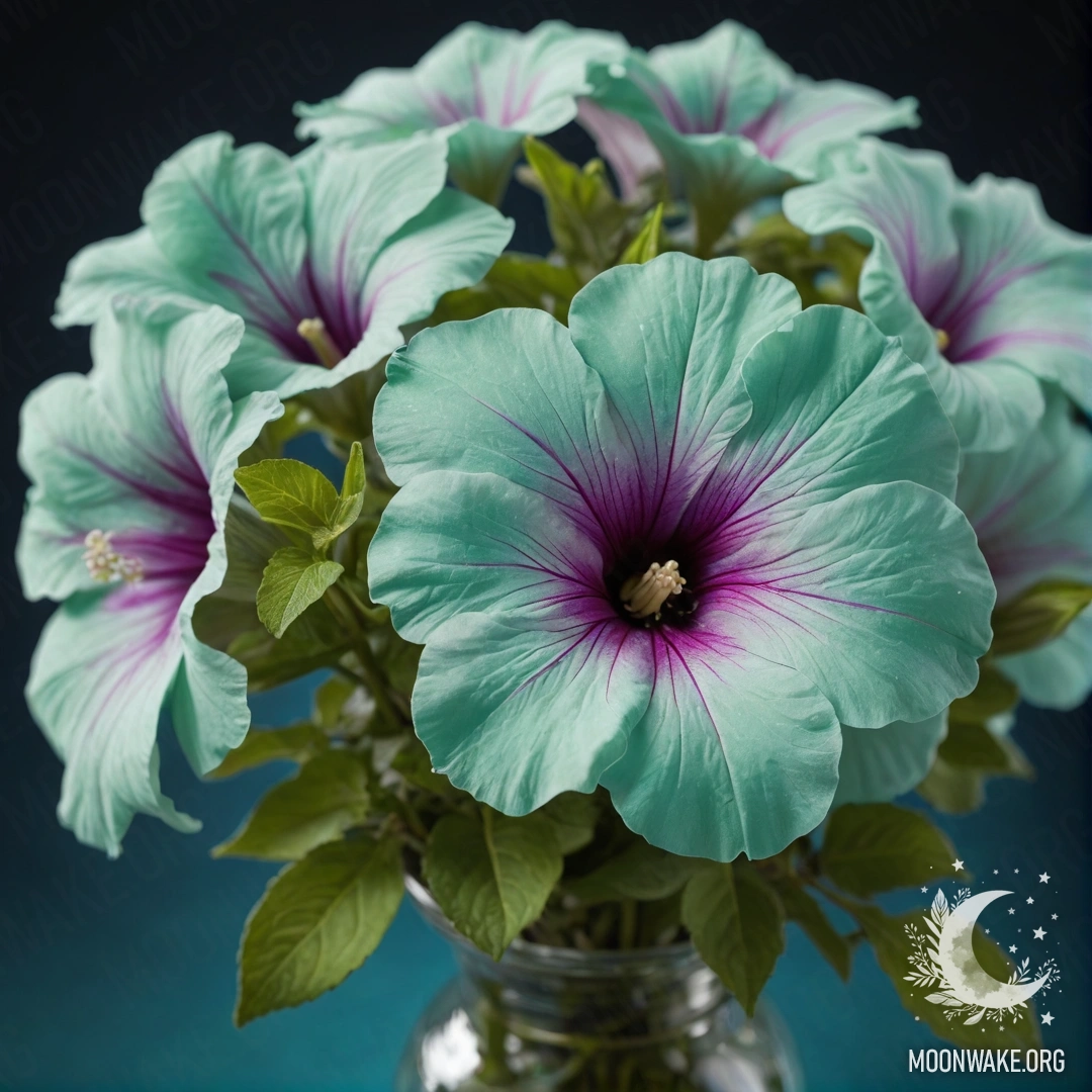 A bouquet of mint-colored petunias with Japanese calligraphy at night.