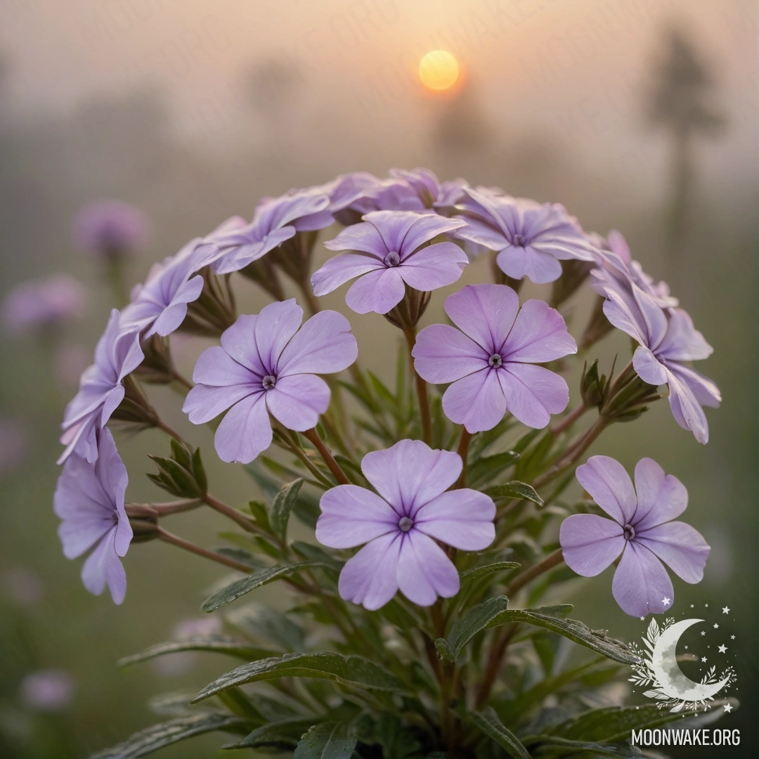 A bouquet of mint-colored phlox flowers shrouded in fog at sunset.