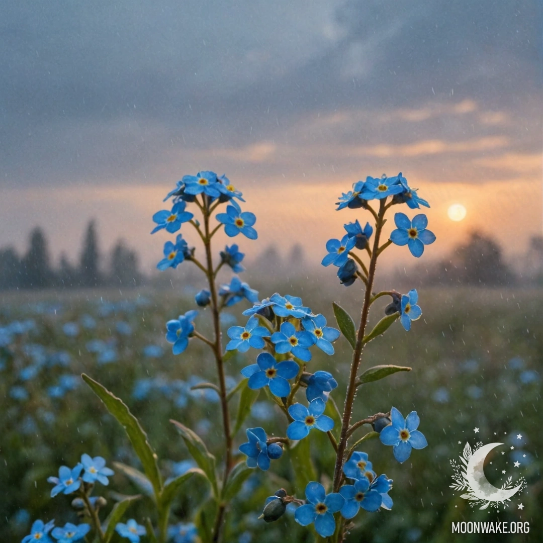 A serene watercolor painting of forget-me-nots in the mist, softly illuminated by the sunset.