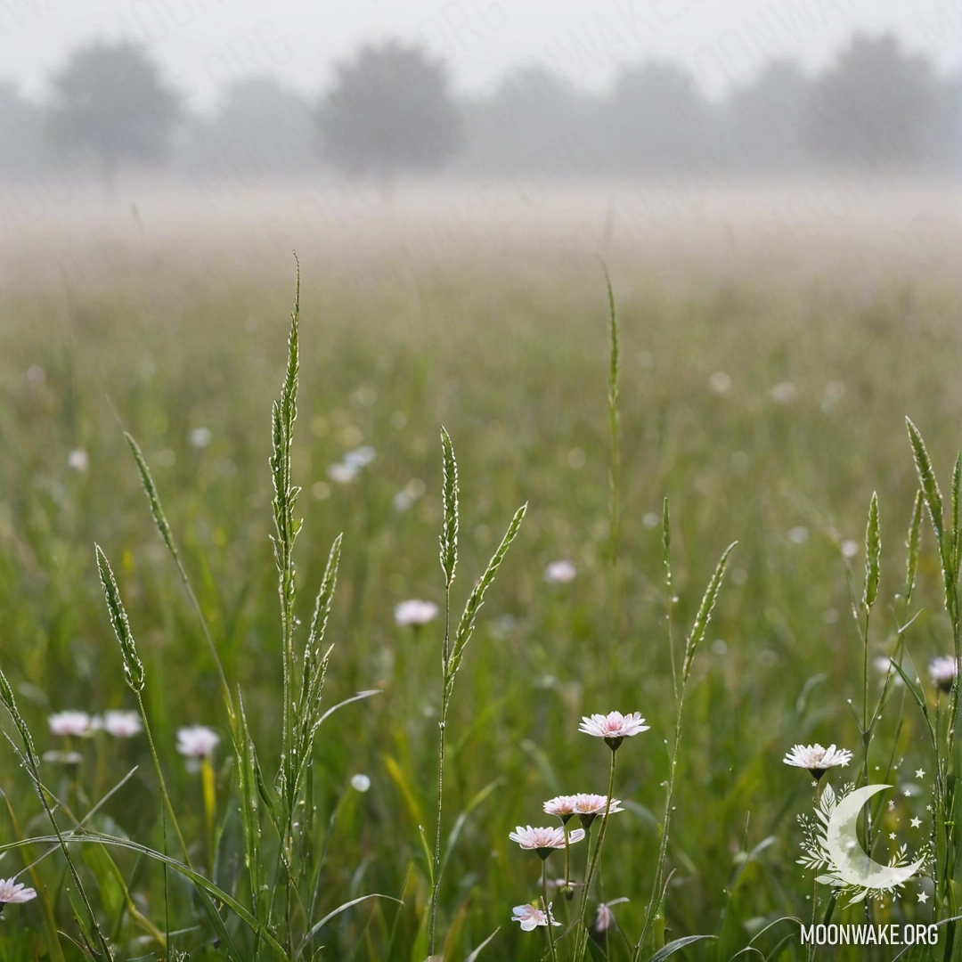 Close-up of grass with blurred flowers in a foggy field.