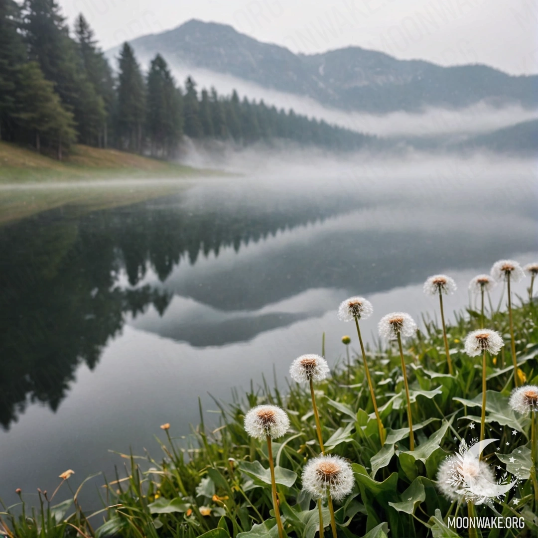Mist-Kissed Dandelion Field Close-up of dandelions in a field with a foggy mountain lake backdrop.