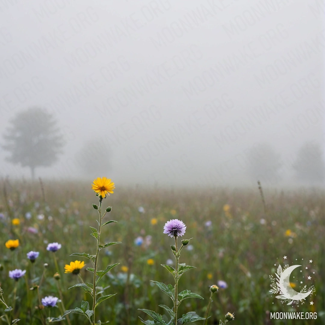 Close-up of delicate field flowers against a foggy background.