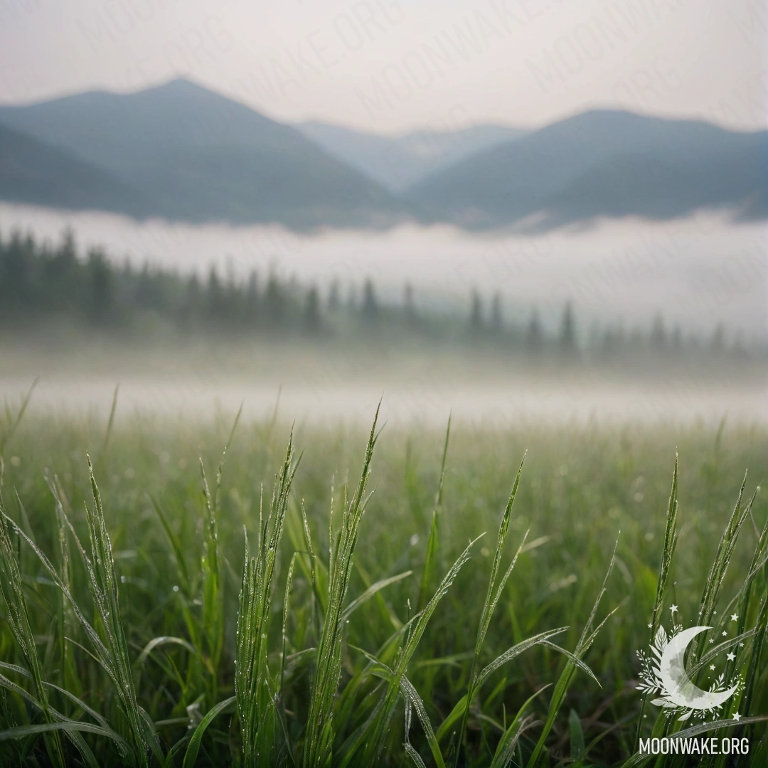 Close-up of grass in a calm field with blurred mountains in the background shrouded in heavy fog.