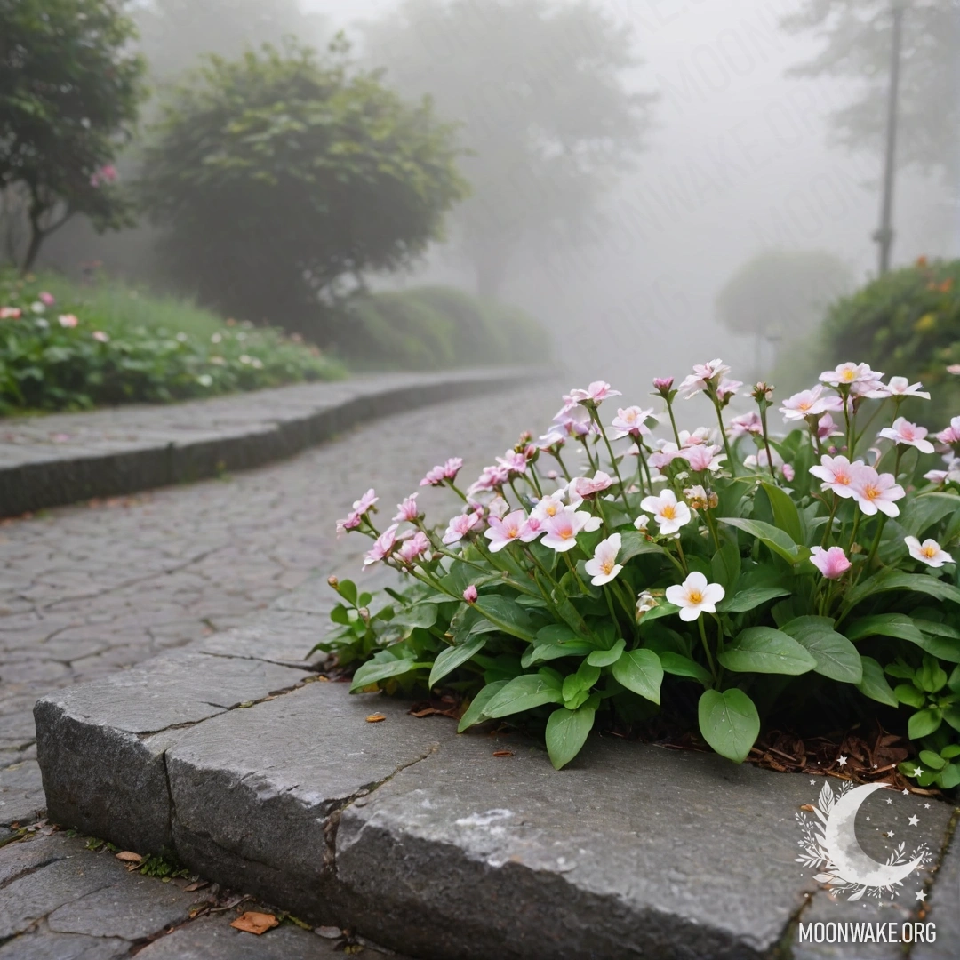 A shabby stone curb with small white and pink flowers emerging behind it in thick fog.