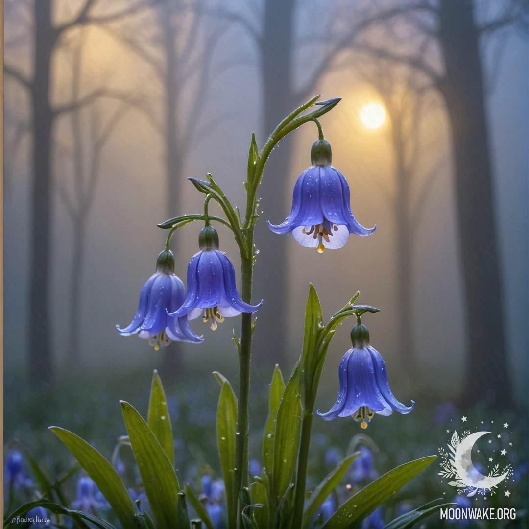 A delicate bluebell flower shrouded in fog with a golden pastel background.