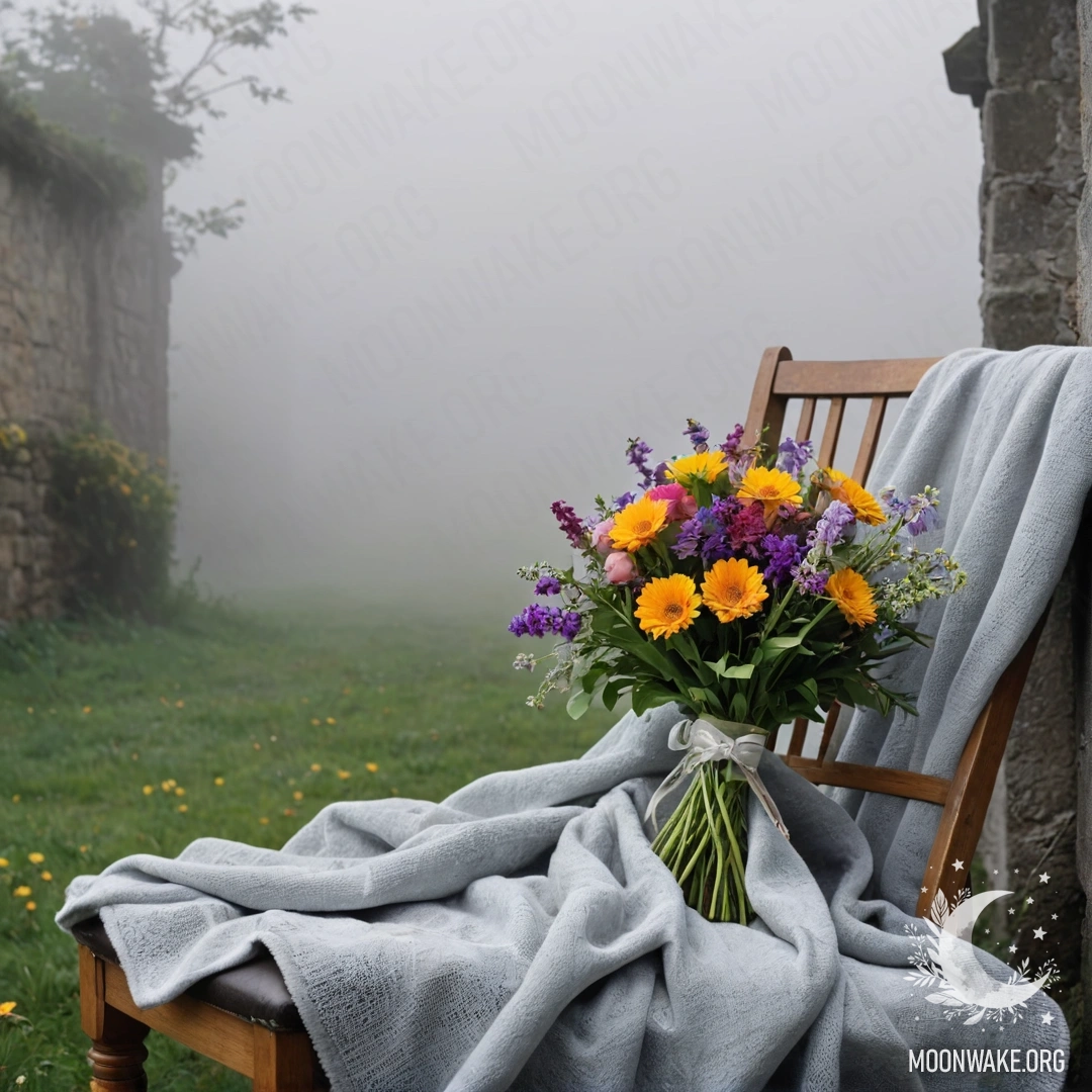 An abstract image featuring a chair with a blanket and bouquet of flowers placed on it, set against a shabby wall enveloped in dense fog.