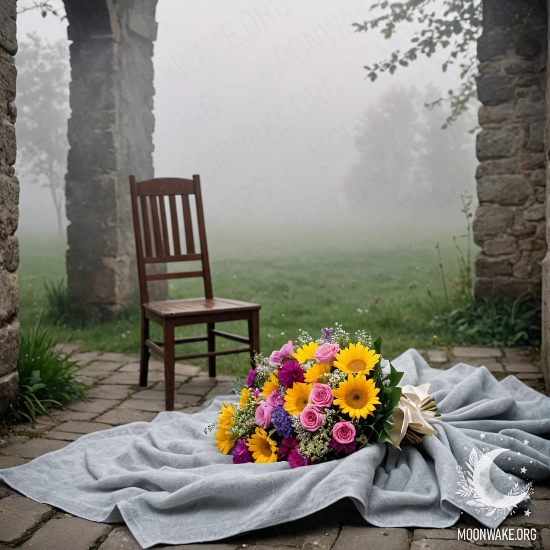 A chair with a blanket and a bouquet of flowers on it, set against a shabby wall in heavy fog.
