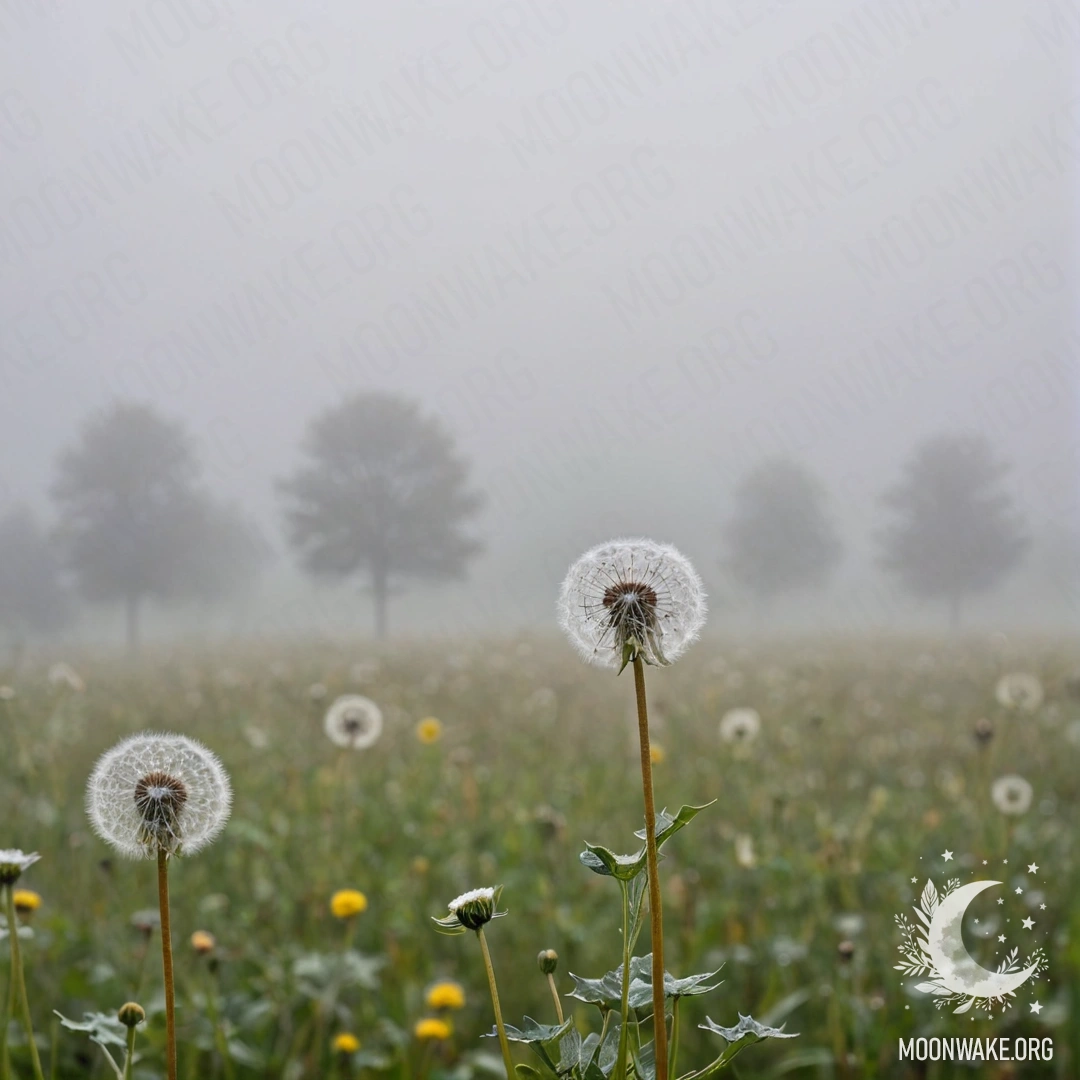Close-up view of dandelions in a misty field under a soft, blurred sky.