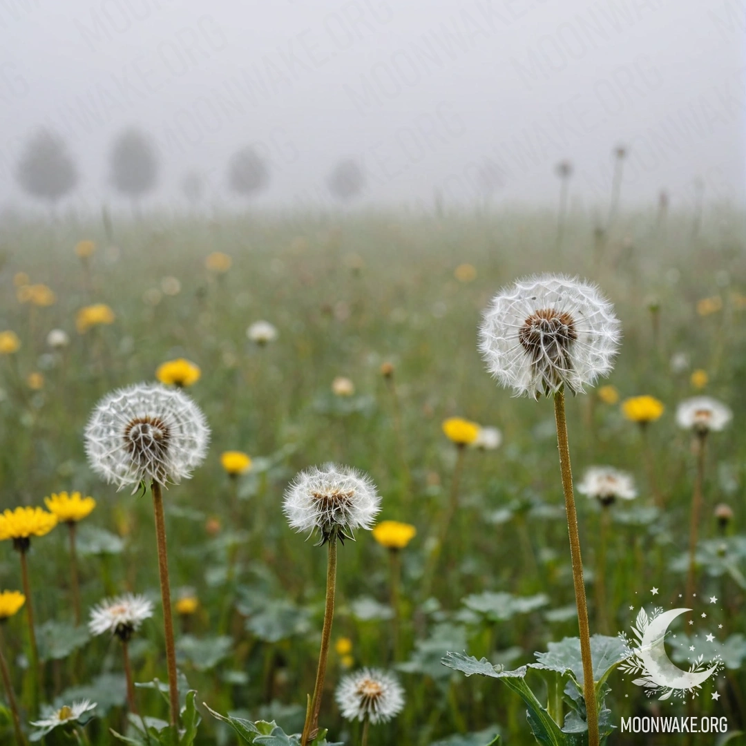 Close-up of dandelions in a foggy field with blurred flowers behind.
