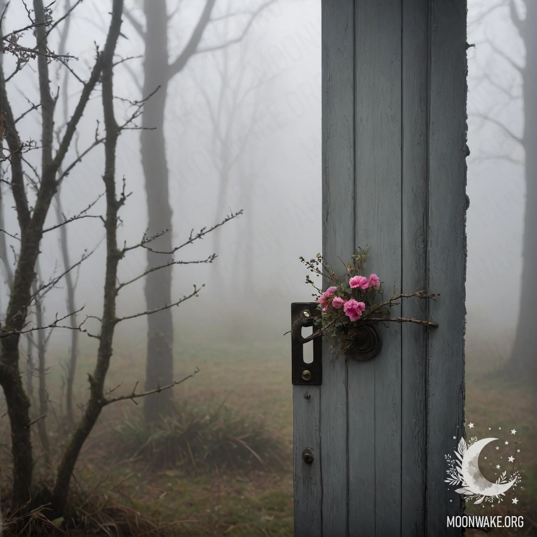 A shabby door adorned with twigs and flowers on the handle, cloaked in thick mist.